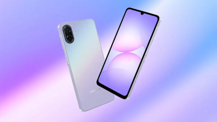 Vista frontal y trasera del Samsung Galaxy A07 5G en color violeta, mostrando su pantalla de 6,7 pulgadas y su doble cámara trasera