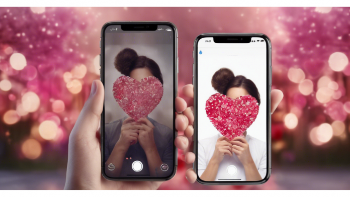 Dos manos sosteniendo smartphones con fotos de corazones en un fondo rosa desenfocado para San Valentín