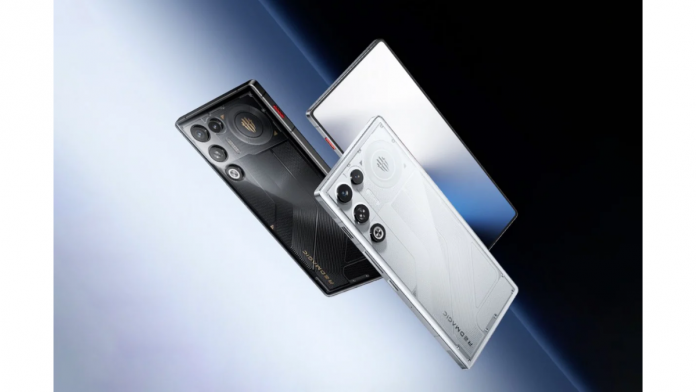 Vista trasera y frontal del nuevo RedMagic 11 Air en colores blanco y negro. Se aprecia su diseño ultrafino de 7,8 mm, la trasera con acabado tecnológico y el panel frontal sin bordes ni cámara visible