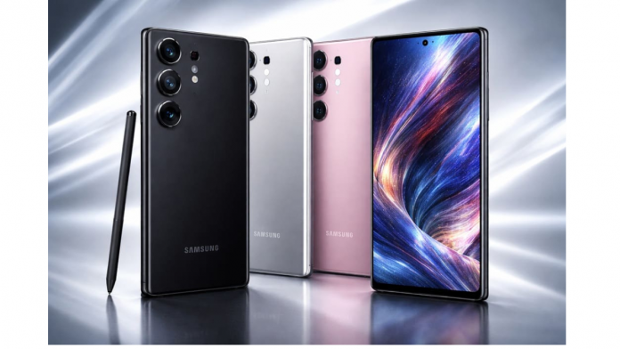 Imagen promocional de la serie Samsung Galaxy S26 Ultra mostrando el diseño de las cámaras traseras, el S Pen y la pantalla frontal con fondo colorido.