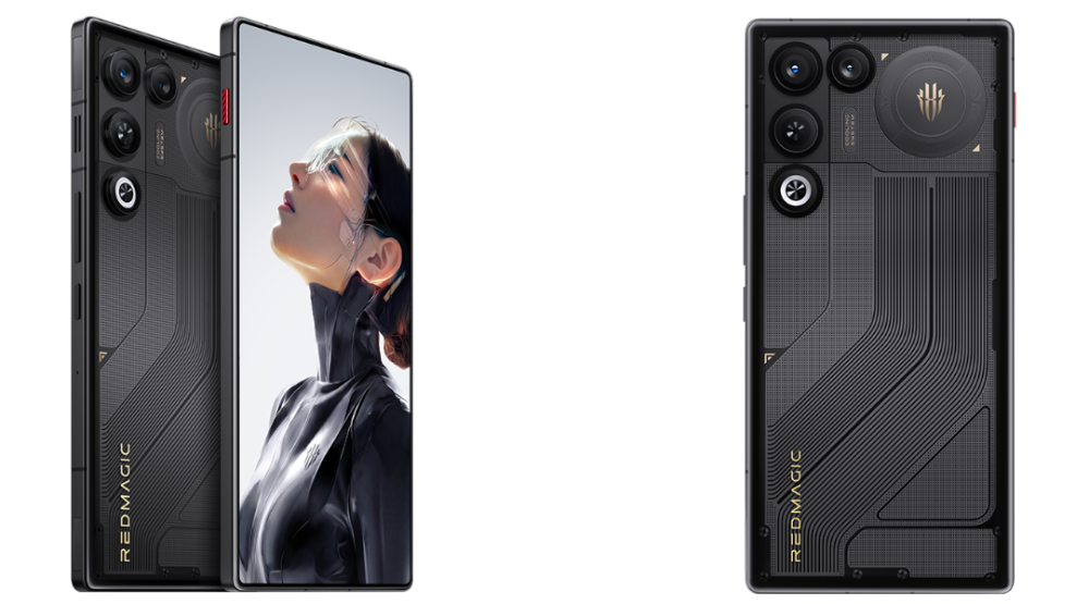 Vista en perspectiva de los nuevos RedMagic 11 Air en colores blanco y negro. Se destaca su diseño ultrafino de 7,8 mm, la trasera con detalles técnicos grabados y el panel frontal sin marcos ni agujeros, mostrando una experiencia de pantalla completa.