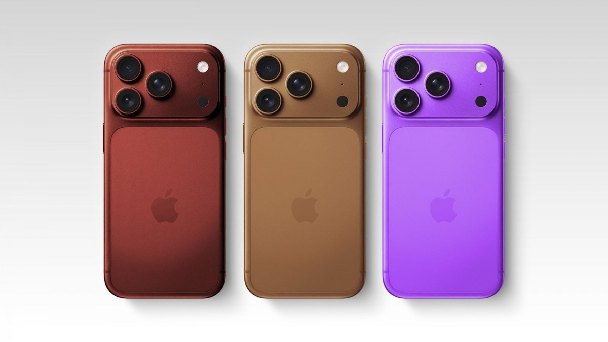 Tres modelos de iPhone 18 Pro en colores granate, dorado y violeta con el nuevo diseño de módulo de cámaras horizontal.